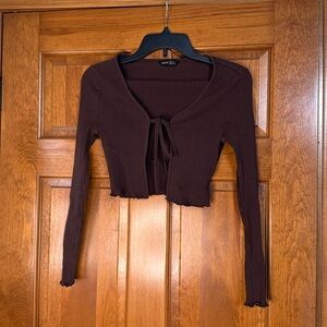 SHEIN Chocolate Ribbed Tie Front Top